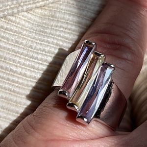 Pastel emerald cut contemporary  silver wide band ring size 7